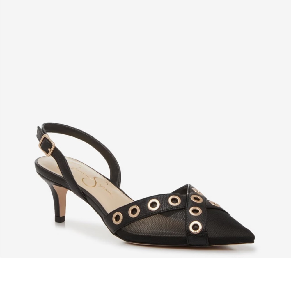 Jessica Simpson Black Pointed Slingback Heels with Gold Eyelet Accents